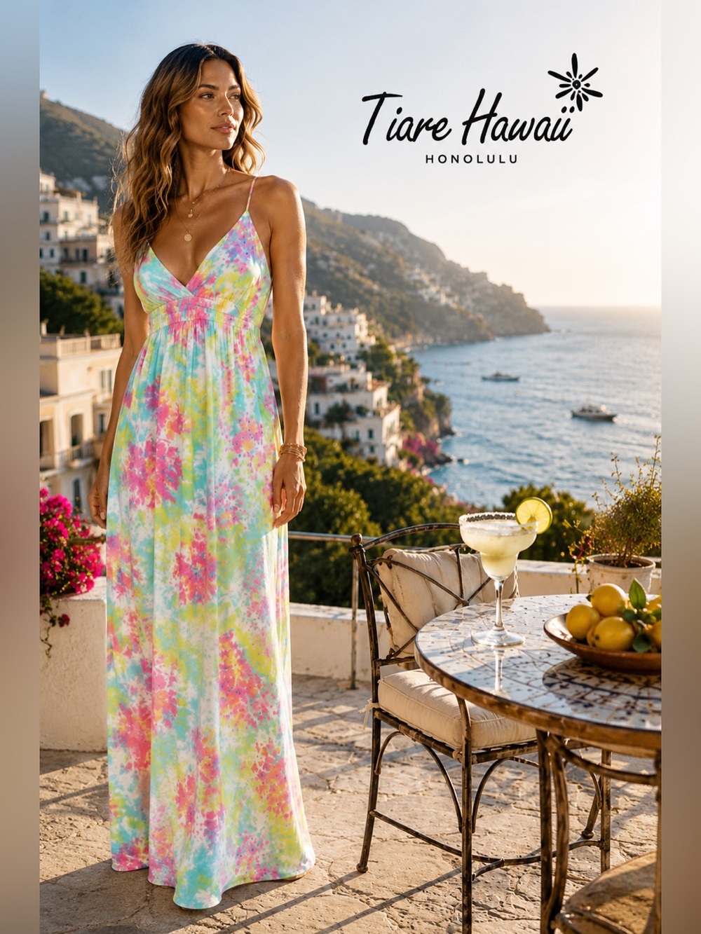 NWT Tiare Hawaii Handmade Tie Dye Plunge Empire Maxi Dress Bali Resort Size Smal